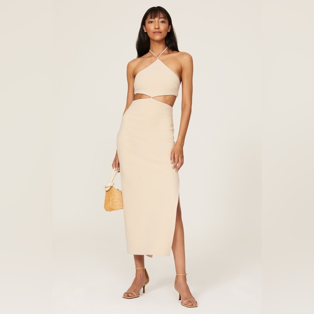 bec & bridge Iris Cut-Out Halter Cream Beige Midi Dress w/Side Slit